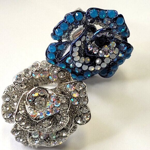 Statement Blue Rhinestone floral Ring with Adjustable Band - Picture 8 of 8